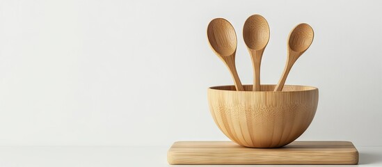 Fototapete - Wooden utensils including a bowl and spoons placed on a cutting board against a white background. with copy space image. Place for adding text or design