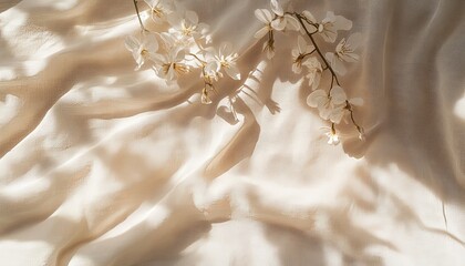 Generate a captivating boho wedding textile background with smooth neutral beige linen. Incorporate abstract floral sunlight shadows for a sophisticated and warm appearance