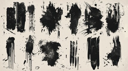 Poster - Collection of Black Ink Splashes and Strokes on a Beige Background