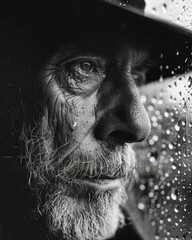 Wall Mural - Close-up of a Man's Face with Rain Droplets on a Window Behind Him