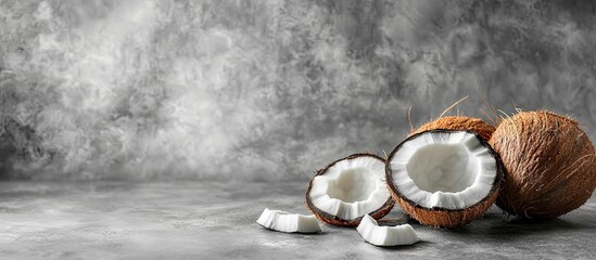 Aufkleber - Ripe coconuts against a gray background Coconut cream and oil Food. with copy space image. Place for adding text or design
