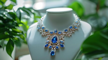 Beautiful necklace with gemstone on white podium Luxury jewelry : Generative AI