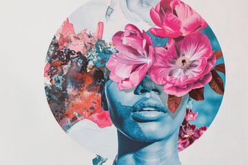 Poster - A vibrant artwork featuring a woman s face adorned with colorful flowers against a circular abstract background