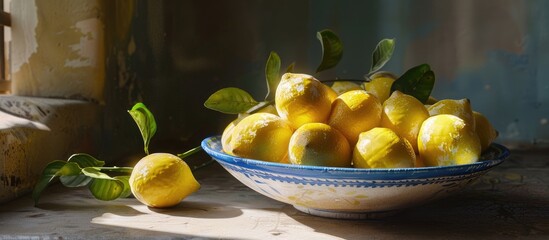 Wall Mural - Fresh Sicilian lemons in a ceramic bowl with selective focus. with copy space image. Place for adding text or design