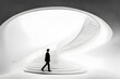 © ruangrit19 - Solitary Man Ascending Minimalist Spiral Staircase in Monochromatic Architectural Scene