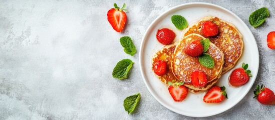 Fototapete - Small grain pancakes with strawberries quick healthy breakfast pancake porridge set against a gray background. with copy space image. Place for adding text or design