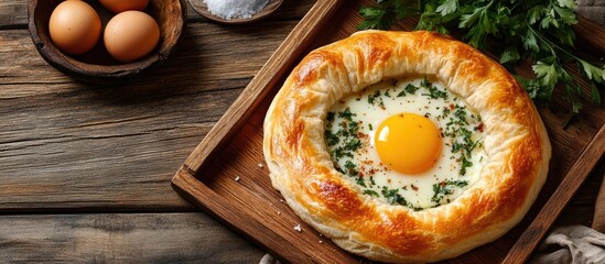 Fototapete - Top view of a tasty traditional Ajarian khachapuri an open baked pie filled with melted salted Suluguni cheese and egg yolk on a wooden tray on the table while being cooked. with copy space image