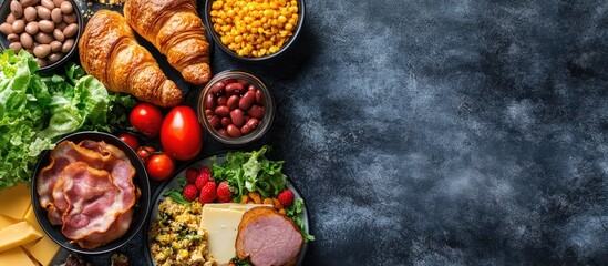 Fototapete - Breakfast is served in the morning on the table with croissant bread croissant cereal bacon ham cheese lettuce beans corn flakes and fruits for a healthy meal Top view with copy space