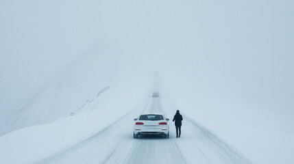 Canvas Print - A person standing in the middle of a snowy road next to their car, AI