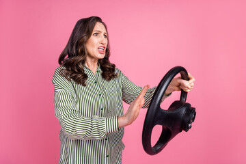 Sticker - Portrait of pretty aged lady beep horn wear striped shirt isolated on pink color background