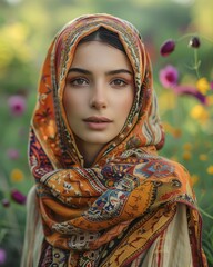 Wall Mural - Portrait of a Young Woman Wearing a Colorful Scarf in a Garden