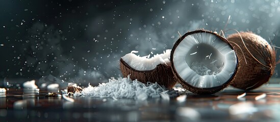 Aufkleber - Creative image of a halved coconut and coconut flakes on a dark backdrop. with copy space image. Place for adding text or design