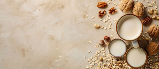 Poster - Cedar nut milk on a beige table background A non dairy milk alternative A concept for healthy vegetarian food and beverages Copy space top view