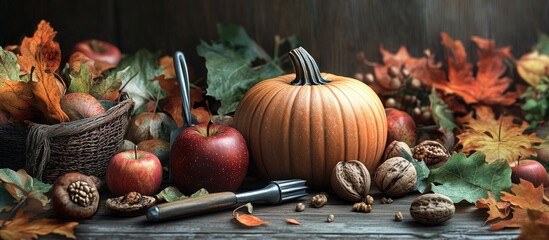 Fototapete - Autumn arrangement featuring ripe pumpkins apples walnuts acorns leaves and gardening tools. with copy space image. Place for adding text or design