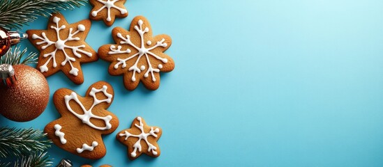 Poster - Christmas gingerbread cookies on a blue backdrop Christmas setting Festive scene. with copy space image. Place for adding text or design