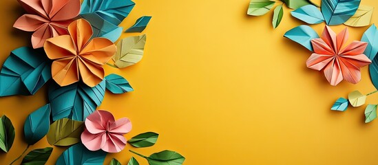 Poster - Vibrant origami flowers accompanied by leaves on a yellow backdrop. with copy space image. Place for adding text or design