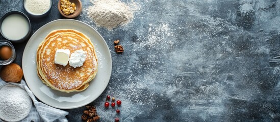 Fototapete - Plate featuring delicious cottage cheese pancakes and ingredients on a grunge background. with copy space image. Place for adding text or design