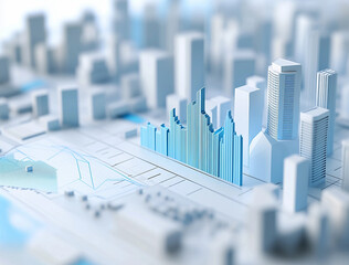  financial data, graphs and charts on white background with blue elements, glass buildings