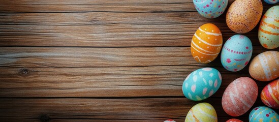 Poster - Easter greeting card featuring colorful Easter eggs on a wooden background Top view flat lay with room for your greetings. with copy space image. Place for adding text or design