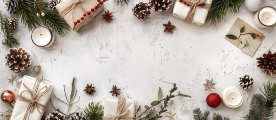 Wall Mural - A simple flat lay of traditional Christmas elements and the New Year holiday season Aerial view of winter Christmas decorations on a white background with empty space for text Copy space photography