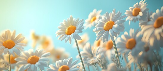 Poster - The sun consists of daisies with camomiles set against a blue background. with copy space image. Place for adding text or design