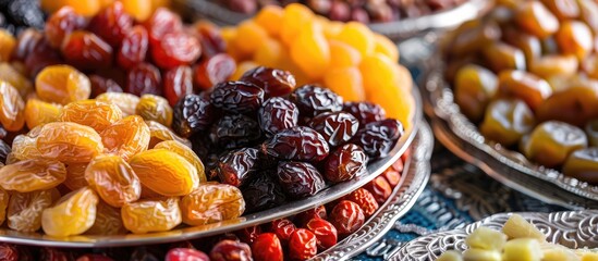 Wall Mural - Dried fruit dates on a silver tray Copyspace