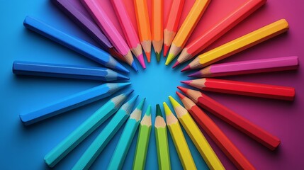 Sticker - A row of colored pencils are arranged in a circle on a blue background