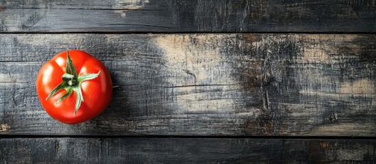Fototapete - a single tomato on a rustic black wooden table. with copy space image. Place for adding text or design