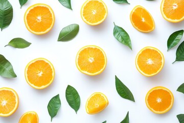 Wall Mural - Fresh Orange half slice falling in the air with green leaves, a popular fruit with high nutritional value.