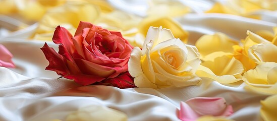 Aufkleber - Yellow roses on red satin against a white background with copy space