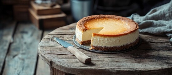 Poster - homemade cheesecake on an old wooden table. with copy space image. Place for adding text or design