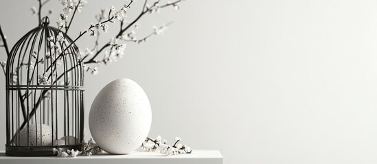 Poster - Easter still life featuring an egg and a decorative cage against a white background. with copy space image. Place for adding text or design