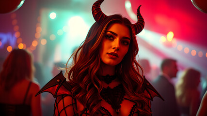 Young beautiful woman dressed in devil costume at Halloween party. Generative AI