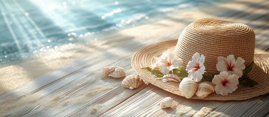 Poster - Holiday Sea Background A straw hat decorated with flowers and seashells rests on a wooden floor with sand stylized waves and sunlight embodying the concept of summer vacations. with copy space image