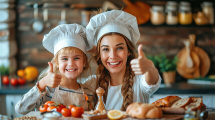 A woman and a child are smiling and giving thumbs up in a kitchen