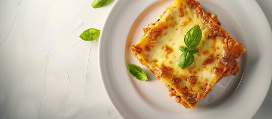 Fototapete - Lasagna Homemade Italian lasagna featuring bolognese meat sauce cheese and basil on a white plate Close up. with copy space image. Place for adding text or design
