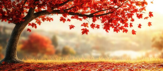 Wall Mural - maple tree in autumn featuring red leaves background includes copy space