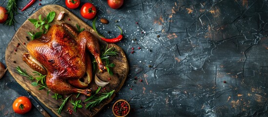 Raw duck legs Fresh organic ingredient for making traditional French confit Spices vegetables and herbs Animal proteins and healthy fats wooden board stone background copyspace top view