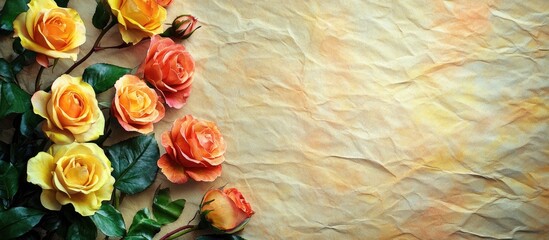 Leinwandbilder - textured vintage paper background featuring multicolored yellow and orange roses. with copy space image. Place for adding text or design