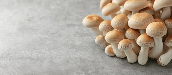 Poster - Fresh brown and white shimeji mushrooms on a gray backdrop Edible mushrooms cultivated in Asia. with copy space image. Place for adding text or design