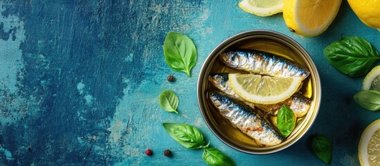 Poster - Top view of a can of sardines in oil accompanied by basil leaves and a slice of lemon on a blue rustic table. with copy space image. Place for adding text or design