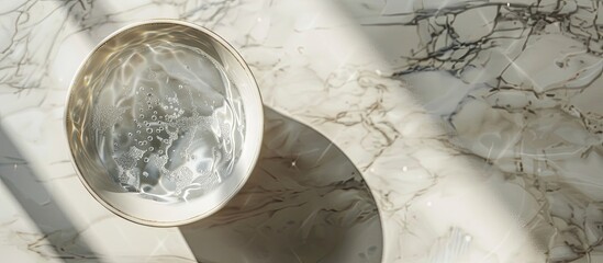 Beige bowl filled with water on a white marble table seen from above Room for text. with copy space image. Place for adding text or design