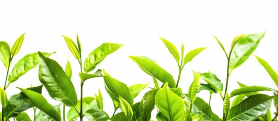 Close up view of a bunch of leafy branches with fresh green tea leaves isolated on a white background These leaves are freshly picked from a home grown organic tea plantation Food concept clipping pa