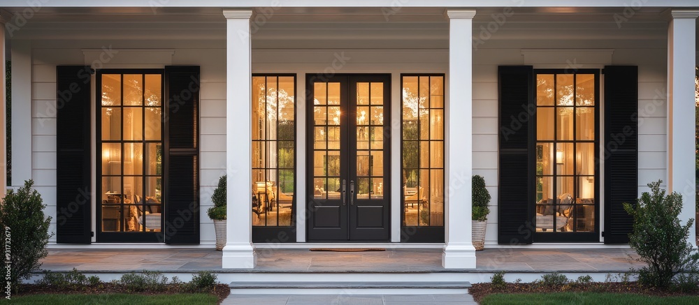 Exterior view of a house featuring a front porch and a white front door ...