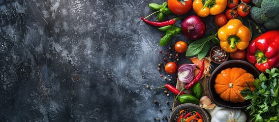 Fototapete - Fresh vegetables and cooking ingredients arranged around a vintage cutting board on a rustic background top view with space for text Concept of vegan food vegetarianism and healthy cooking Flat lay a