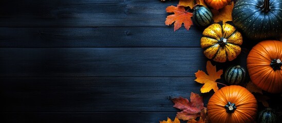 Fototapete - Thanksgiving and Halloween pumpkins leaves and acorn squash arranged on a dark wood table background captured from a top view. with copy space image. Place for adding text or design