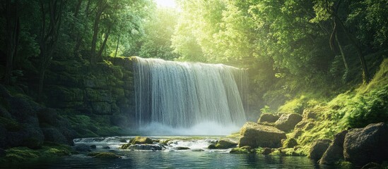 Wall Mural - A large waterfall located in the heart of the forest with copyspace