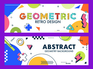 Wall Mural - Abstract modern memphis banners with colorful geometric shapes and patterns in retro style. Vector horizontal cards with bright circles, triangles, squares and linear elements, playful, dynamic design