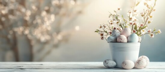 Poster - Easter eggs in a bucket on a white wooden table accompanied by lovely flowers. with copy space image. Place for adding text or design