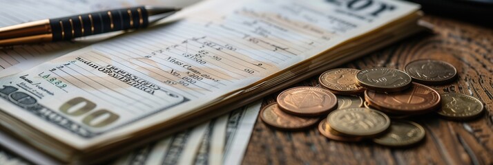 Aufkleber - A stack of cash and coins accompanies an open notebook filled with notes and financial calculations on a rustic wooden surface. Generative AI